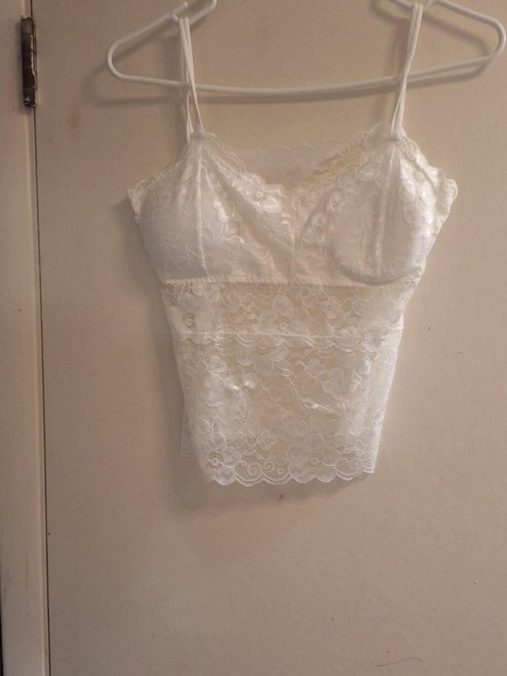 sheer lace top spaghetti strap bra white